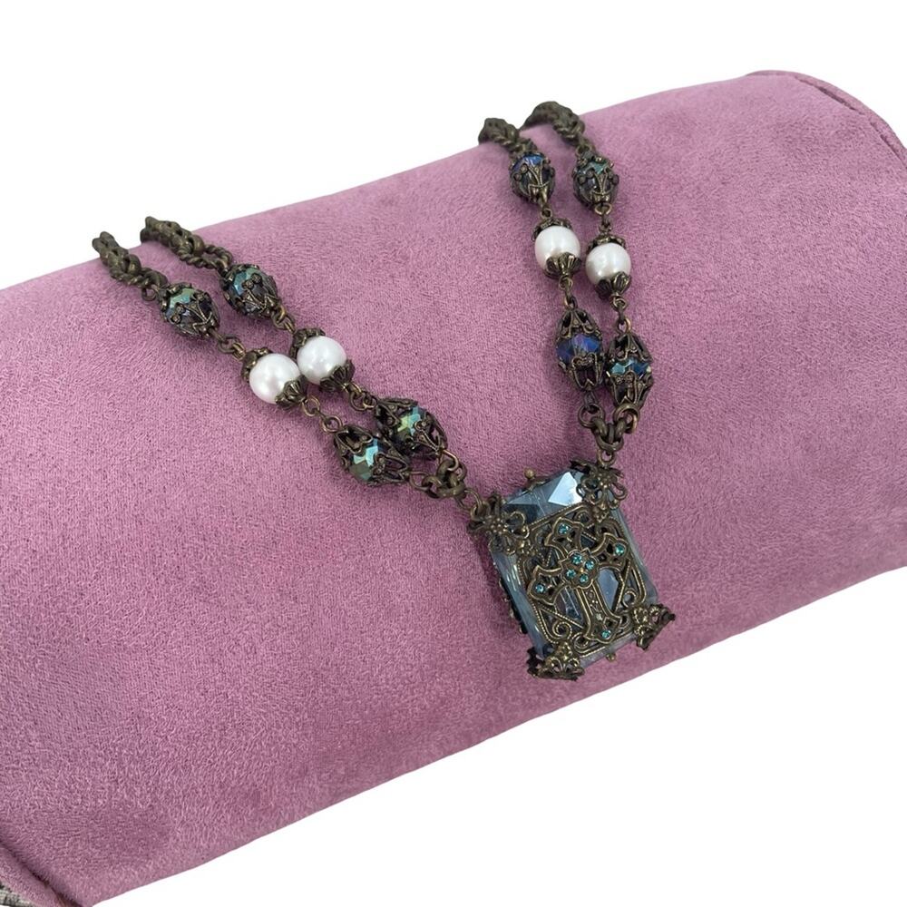 Sweet Romance Antique Style Brass AB Cross Necklace with Blue and Pearl Accents